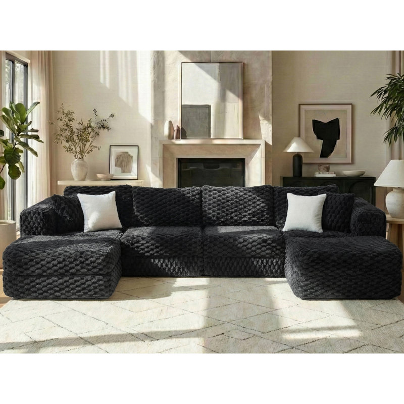 135'' Upholstered Boneless U-Shape Sectional With Ottomans, No Assembly Required, Black Polyester