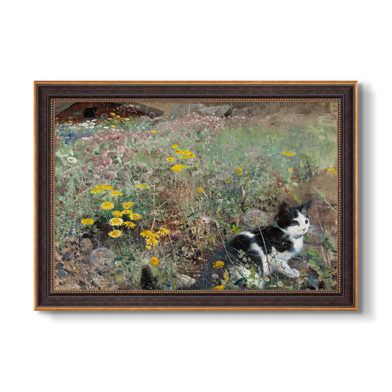Chat sur une prairie fleurie, 1887 - Bruno Liljefors - Toile encadrée sur mesure, Format intérieur 20 po x 28 po, Or vénitien