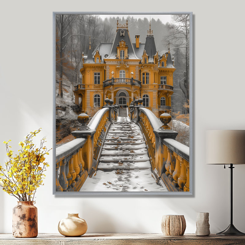 Orange orange, château d'hiver en France - Châteaux, art mural, Toile argentée avec cadre flottant