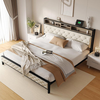 King Size Bed Frame, Platform Bed Frame with Charging Station, Upholstered Storage Headboard & Footboard Metal Slats Supports Mattress Foundation, No Box Spring Needed, Beige(No Drawers)