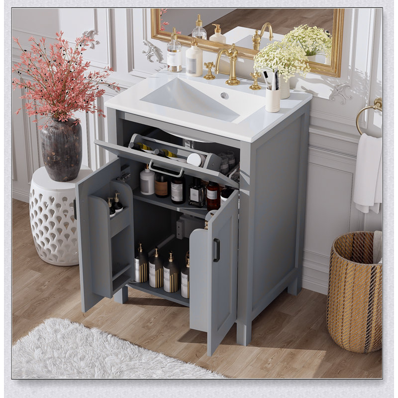 Ensemble de meuble-lavabo de 24 pouces avec lavabo en céramique, portes à fermeture douce et grand espace de rangement pour les espaces compacts