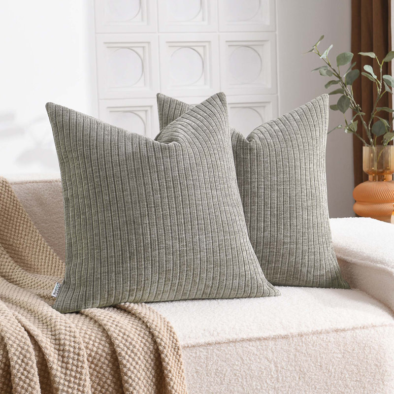 Housse de coussin moelleuse à rayures en chenille douce, Carré 20 po, Gris