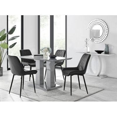 Edzard Double Pedestal High Gloss Dining Table Set with 4 Luxury Velvet Dining Chairs
