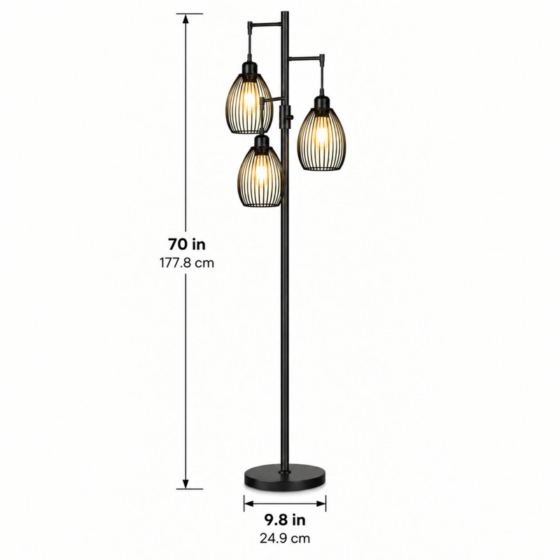 Lampe sur pied industrielle à 3 lumières avec ampoules Edison et variateur de salon
