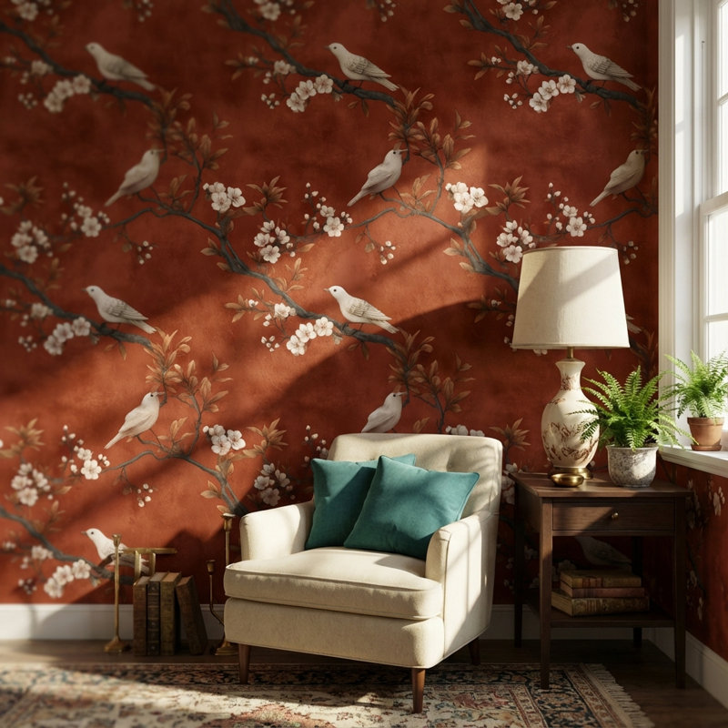 Papier peint floral, oiseaux, décoration murale traditionnelle