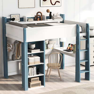 Lit mezzanine double en bois pleine grandeur avec tringle à vêtements et tablettes réglables en blanc et bleu - Esthétique contemporaine, structure stable, armoire de rangement à assemblage rapide, look moderne, espace fonctionnel,
