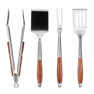 4-Piece Heavy-Duty Stainless Steel BBQ Grill Tools Set with Pear Blossom Wood Handles, Heat Resistant Spatula Fork Brush Tongs for Outdoor Cooking Camping