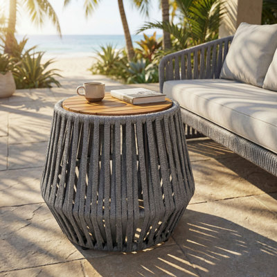 Table d'appoint d'extérieur avec corde et bois d'acacia - finition teck, capacité de 100 lb, corde résistante aux intempéries