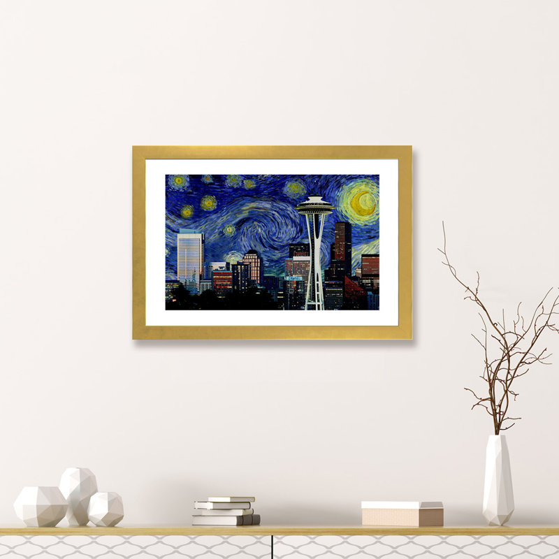 Seattle, Washington Starry Night Skyline - impression d'art graphique, H 16 po x l 24 po x P 1 po, Papier encadré doré