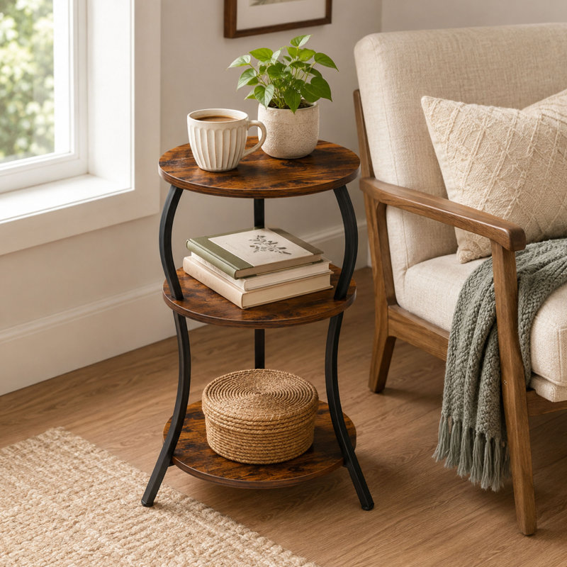 Table d'appoint ronde vintage à 3 niveaux avec tablettes de rangement