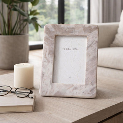 Modern Curved Edge Marble Picture Frame for Home Decor - Decorative Photo Frame for Entryway Table Display, Office Desk, or Shelf - 9", Tan & White