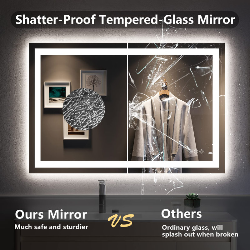 Akilan Frameless LED Vanity Mirror with Front-lit and Back-lit, Memory Function, 3 Color Temperatures & Dimmable Light, Anti-fog Tempered Glass ETL Mirror