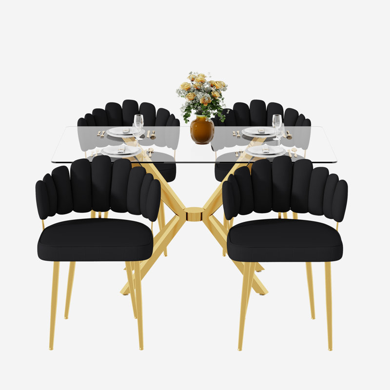 Ensemble de table de salle à manger rectangulaire 47,24 "en verre trempé transparent pour 4 à 6 personnes, Black