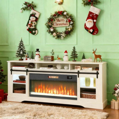 Tv Console With Electric Fireplace, Open Storage And Side Cabinets