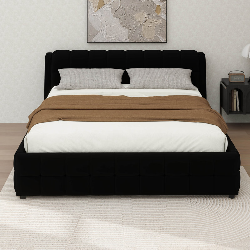 Platform Bed With Upholstered Headboard, California King, Black