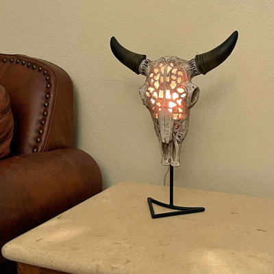 Mablethorpe resin, wrought iron and metal Southwestern steer skull wall sconce or table lamp, LED bulb — 15.25-inch table, 11.5-inch wall