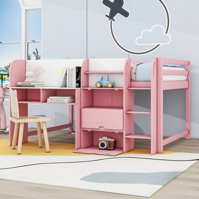 Full Low Loft Bed With Built-In Desk, Storage Cabinets And Bookcase