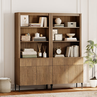 71.6"H X 63"W Set Of 2 Bookcase With Storage Cabinets, 10 Tier Bookshelf With Fluted Doors And Drawers, Large Modern Display Cabinet For Living Room Bedroom Home Office Kitchen