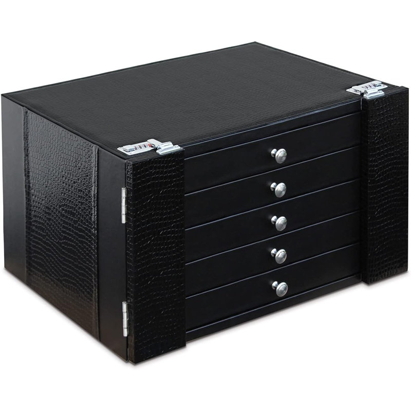 L'armoire de rangement pour lunettes Eyewear comprend 5 plateaux à roulettes et 2 serrures à combinaison, cuir noir