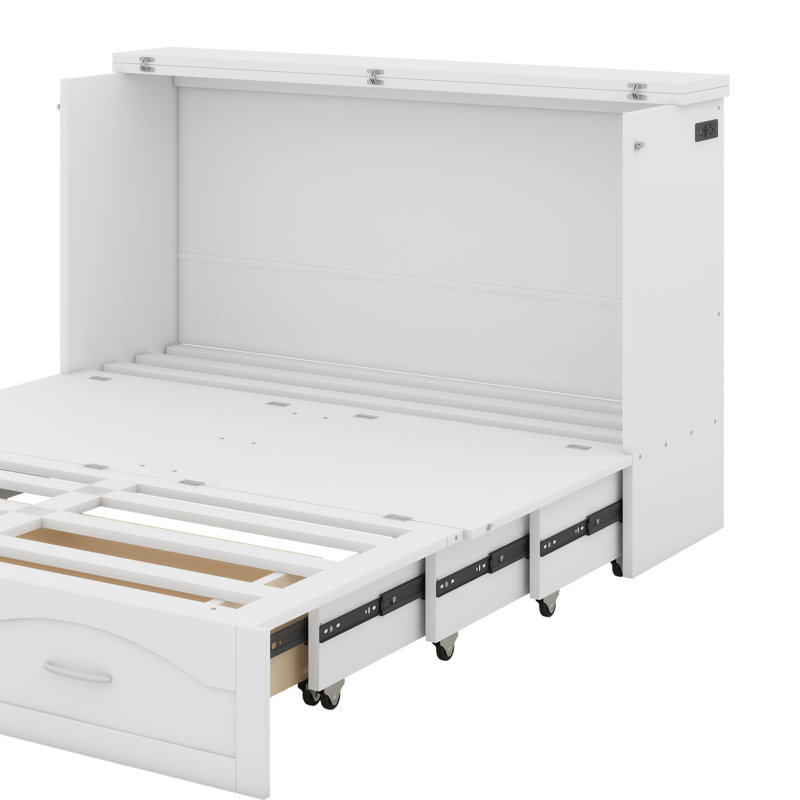 Armoire-lit escamotable pour grand lit escamotable avec tiroir de rangement, port USB, station de charge, cadre de lit escamotable en bois pour bureau à domicile ou petite pièce
