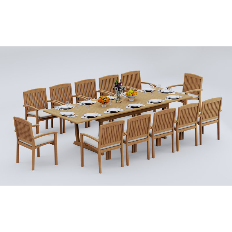 7 Pcs Grade-A Teak Wood Dining Set: 118" Double Extension Mas Rectangle Trestle Leg Table And 6 Wave Stacking Arm Chairs #11WV2506