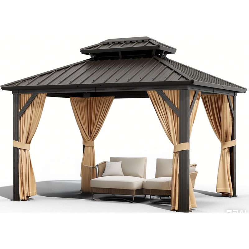 Outdoor Hardtop Gazebo, Galvanized Iron Double Vent Roof with Curtains & Netting, Aluminum Frame Pavilion for Patio, Lawn, Deck, Garden