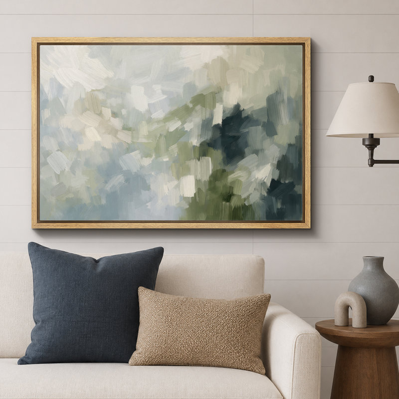 Composition abstraite vert bleu, art moderne, impression sur toile encadrée, Cadre naturel, H 24 po x l 36 po x P 1,5 po