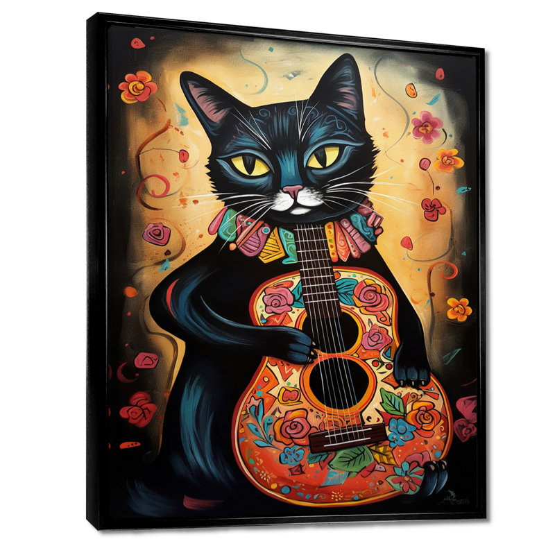 Chat noir jouant de la guitare - art mural chat, H 32 po x l 24 po x P 1 po, Toile avec cadre noir