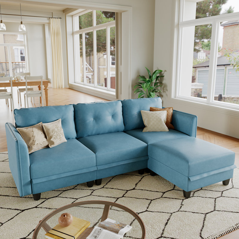 Tomario 86.21'' Faux Leather Curved Arm Modular Sofa & Chaise With Ottoman, Blue Faux Leather