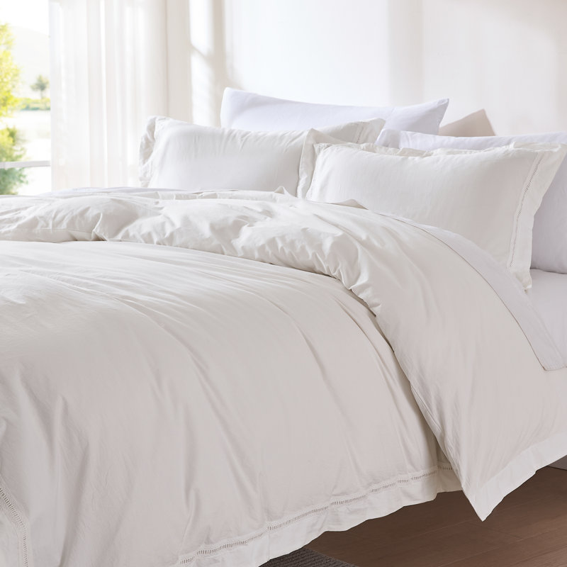 Doris Eyelet Inset Trim Cotton Duvet Cover 3Pc Set, King Duvet Cover + 2 Shams, White