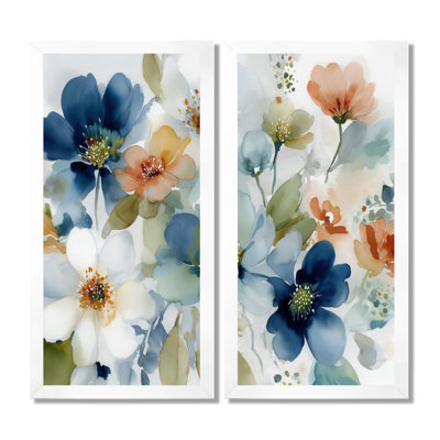Aquarelle, bleu et orange, champs de fleurs sauvages en France - fleurs sauvages, art mural floral bleu, 2 pièces