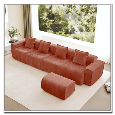 Canapé modulaire modulaire en L à 4 places avec passepoil à bordure française, aucun assemblage requis, canapé à 4 places avec coussins décoratifs et 1 repose-pieds mobile