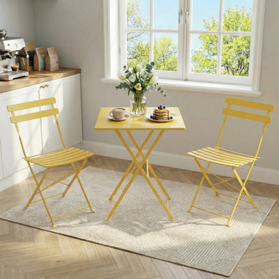  Space-Saving 3-Piece Patio Bistro Set – Collapsible Metal Table & 2 Chairs – Weather-Resistant, No Assembly, Indoor/Outdoor Garden Furniture – Ideal for Balcony, Yard, Apartment – Yellow