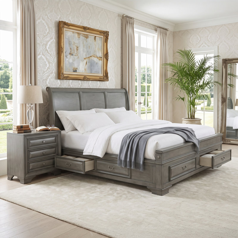 Ensemble de chambre à coucher Goldene avec plateforme de rangement 2 pièces, Grey, Deux pièces : Lit et table de chevet