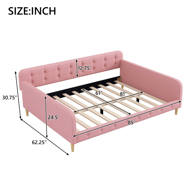Queen Size Upholstered Linen Daybed with Solid Pine Frame, 4 Support Legs, No Box Spring Needed, Modern Sofa Bed, Pink