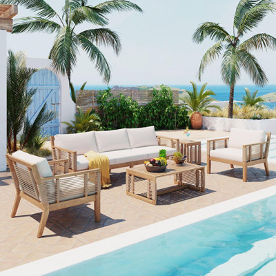 Teak Outdoor Seating Group, Patio Conversation Set, Acacia Wood, Rope Woven Detail, Coastal Modern