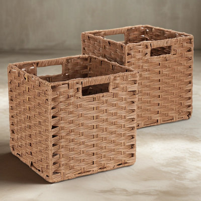 Wicker Storage Baskets 11x11x11 Inch Cube Storage Bins, Foldable Plastic Cubby Baskets for Shelves, Waterproof Woven Storage Bins Set of 2 for Organizing Pantry, Closet, Toys