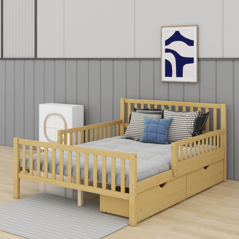 Lit plateforme avec deux tiroirs de rangement et garde-corps des deux côtés, cadre de lit en bois, aucun sommier nécessaire