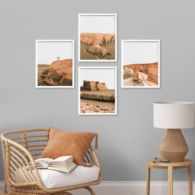 Ensemble de 4 décorations murales encadrées Desert Canyon Seascape, 4 pièces Texas et Arizona Southwest, Blanc