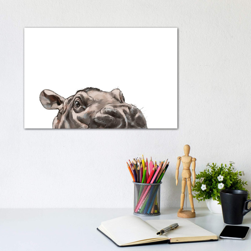 «Peeking Hippo» par Big Nose Work - impression d'art graphique, H 8 po x l 12 po x P 0,75 po, Toile tendue, Pas de tapis
