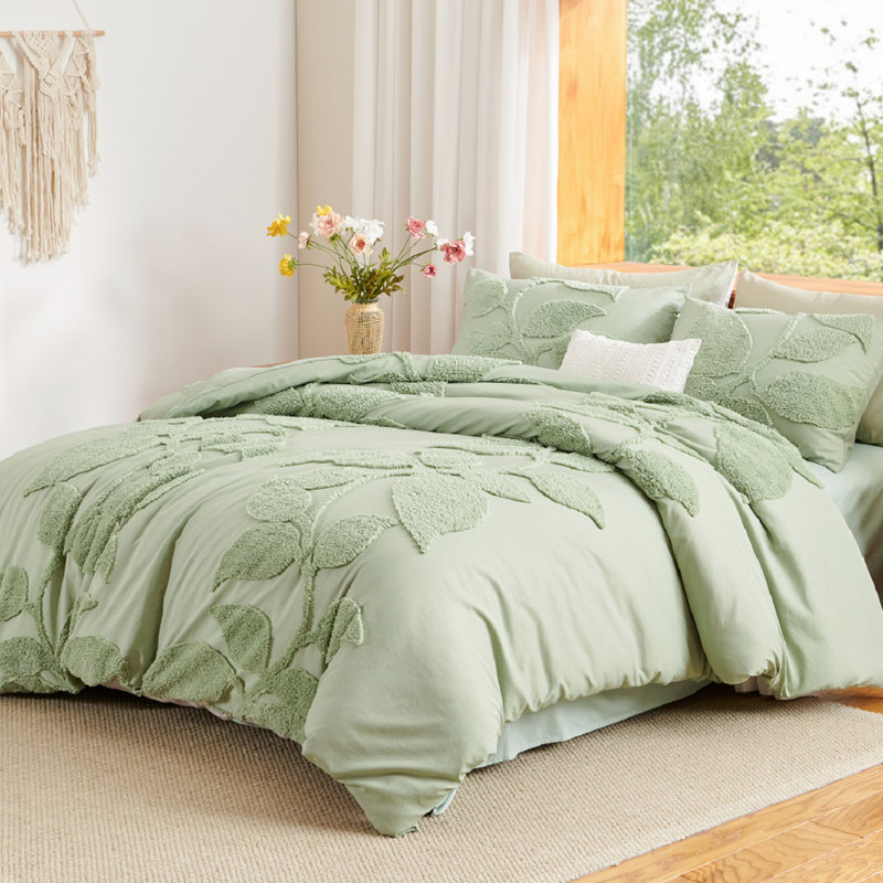 Ensemble de housse de couette Green Toufted Bedding Soft Botanical Palm Leaf, Housse de couette grand + 2 taies d'oreiller