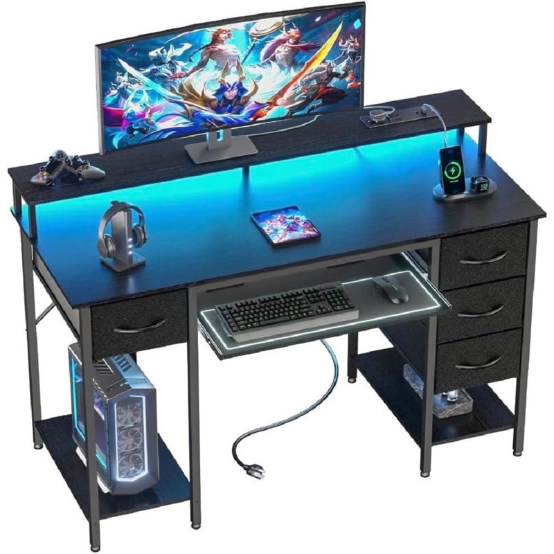 Computer Desk With Drawers And Power Outlets, Gaming Desk With LED Lights, Home Office Desk With Monitor Stand And Keyboard Tray, Study Writing Work Desk For Home Office