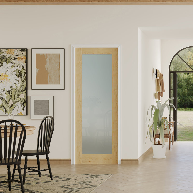 Dalle de porte intérieure en verre givré 1 Lite - Cadre en bois aggloméré / pin avec cadre réglable et charnières pré-suspendues (la porte et le cadre sont livrés séparément)