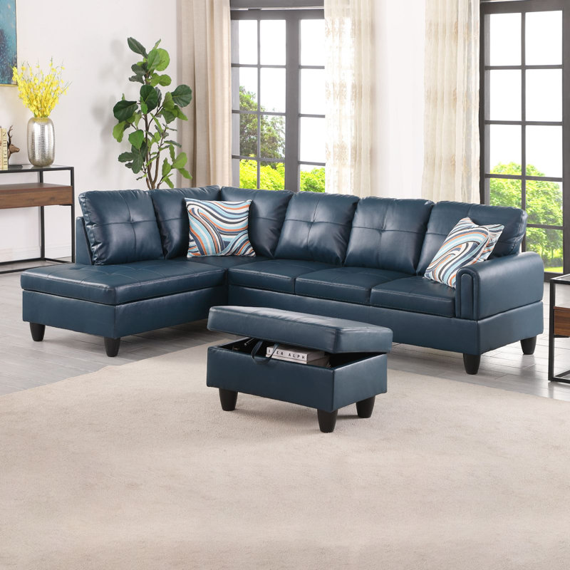 Jayzen 3 - Piece Vegan Sectional, Left Hand Facing, Denim Faux Leather, Black