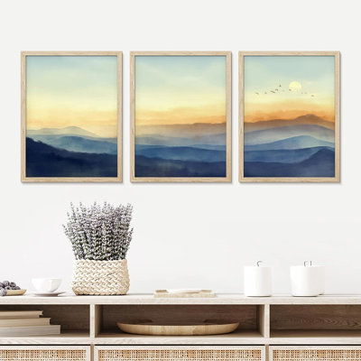 Abstrait paysage aquarelle encadré montagne, ensemble de 3 impressions murales pastel aube du matin, décoration murale nature sauvage pour salon, chambre à coucher 3 pièces