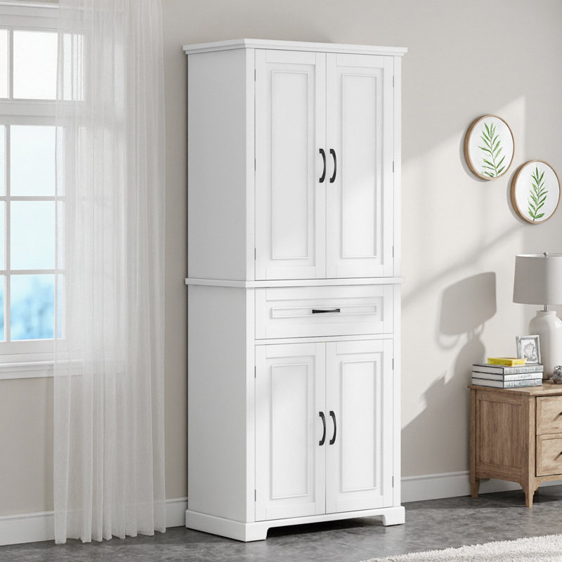 Grande armoire de rangement de luxe pour salle de bain, organisateur intelligent 72,2 po avec 4 portes, 1 tiroir et supports de porte intégrés, tablette réglable, tour de rangement autoportante