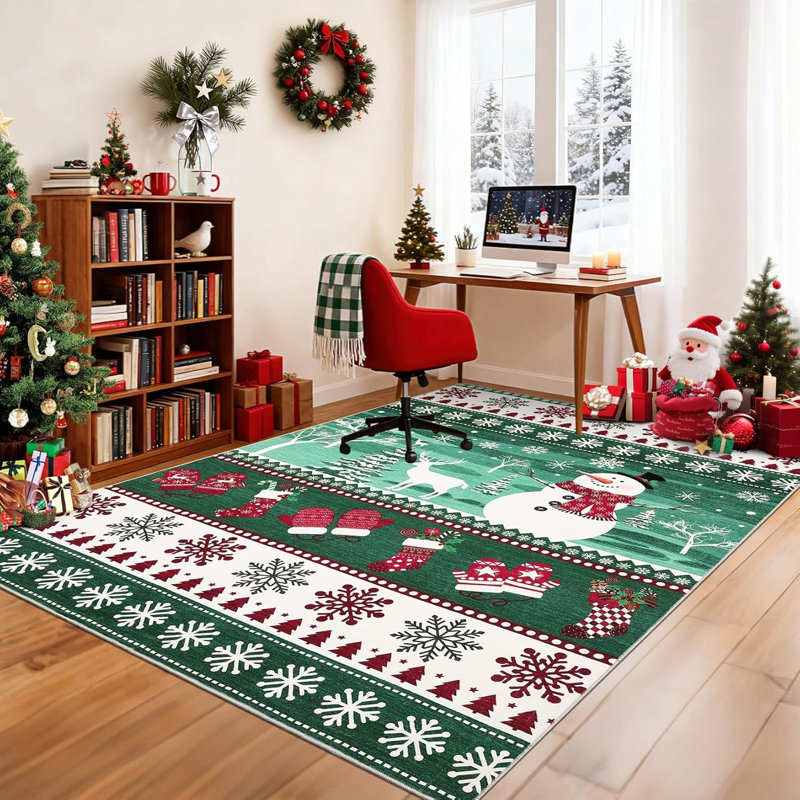 2x6 Christmas Runner Rug – Washable, Non-Slip, Santa & Reindeer Print, Low Pile, Foldable Carpet for Hallway, Kitchen, Bedside (Grey)