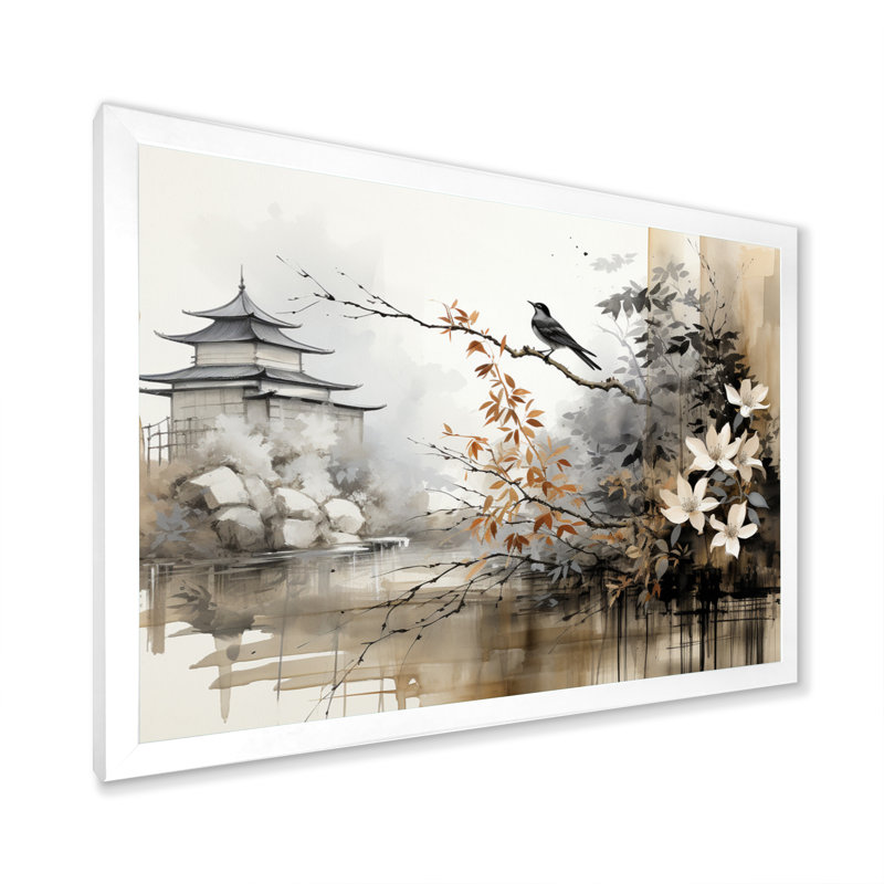 Asian Art Sumi Bird Serenity I - Art mural asiatique, H 30 po x l 40 po x P 1,5 po, Cadre simple blanc