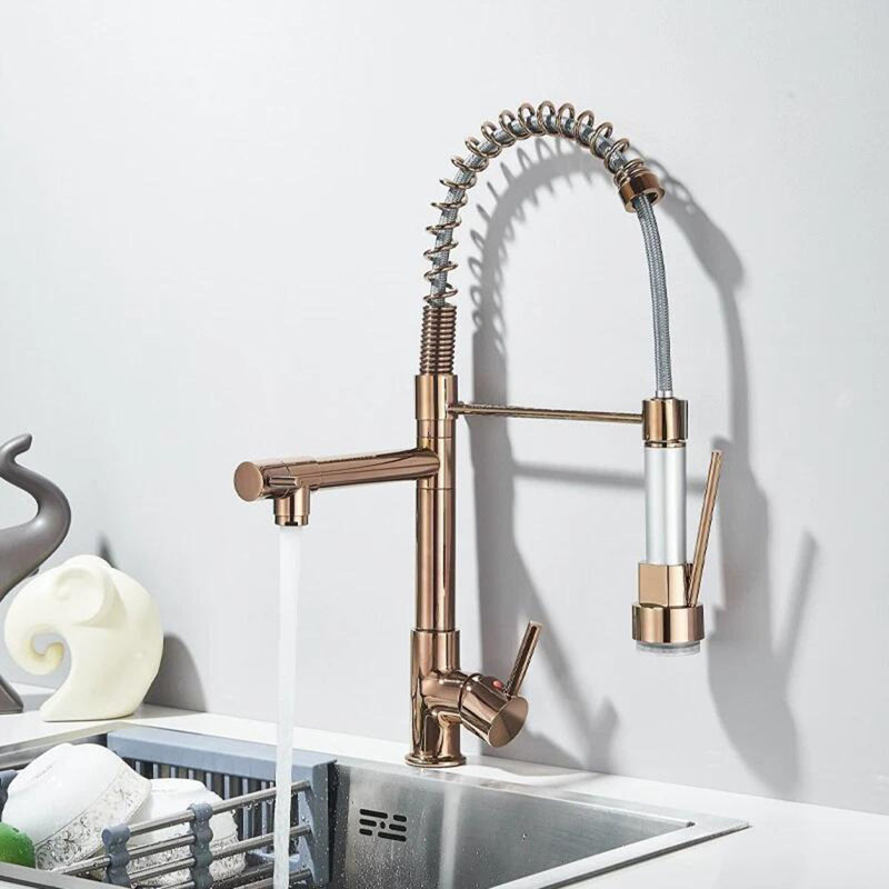 Robinet de cuisine à DEL avec douchette rétractable à ressort pivotant à 360 ° et or rose