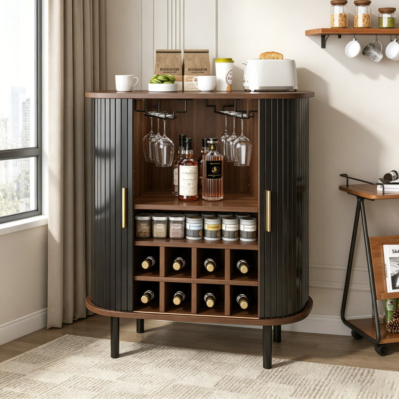 Fluted Wine Bar Cabinet With 8-Grid Wine Rack, 5-Level Adjustable Shelves, 2 Glass Holders, And Hidden Storage, Modern Liquor Coffee Station